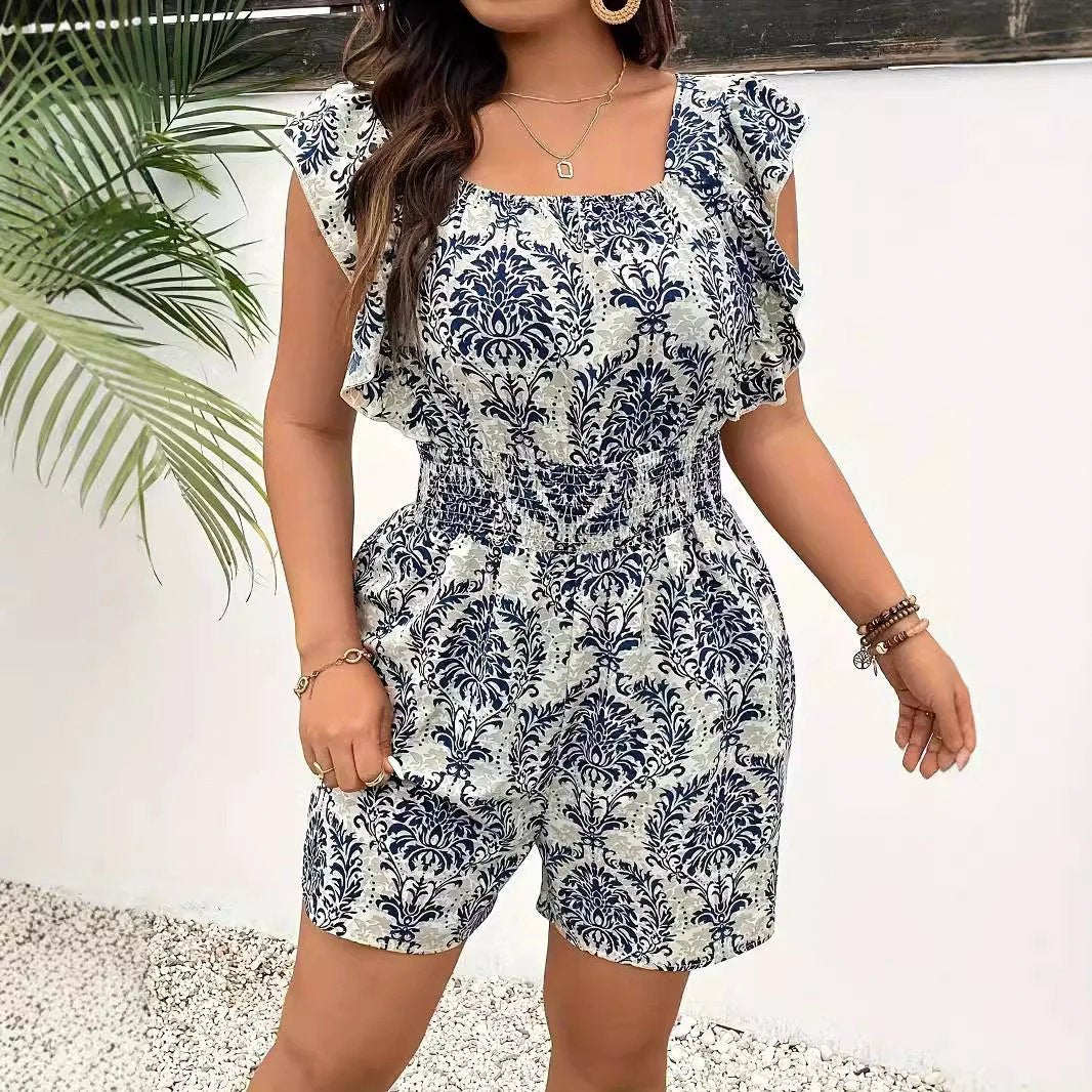 Plus Size Printed Sleeveless Smocking Fitted Waist Backless Vacation Style Jumpsuit