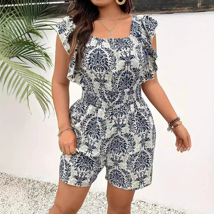 Plus Size Printed Sleeveless Smocking Fitted Waist Backless Vacation Style Jumpsuit