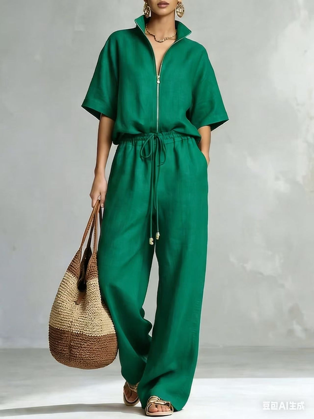 Women's Zip-Up Crew-Neck Top & Wide-Leg Pants Set