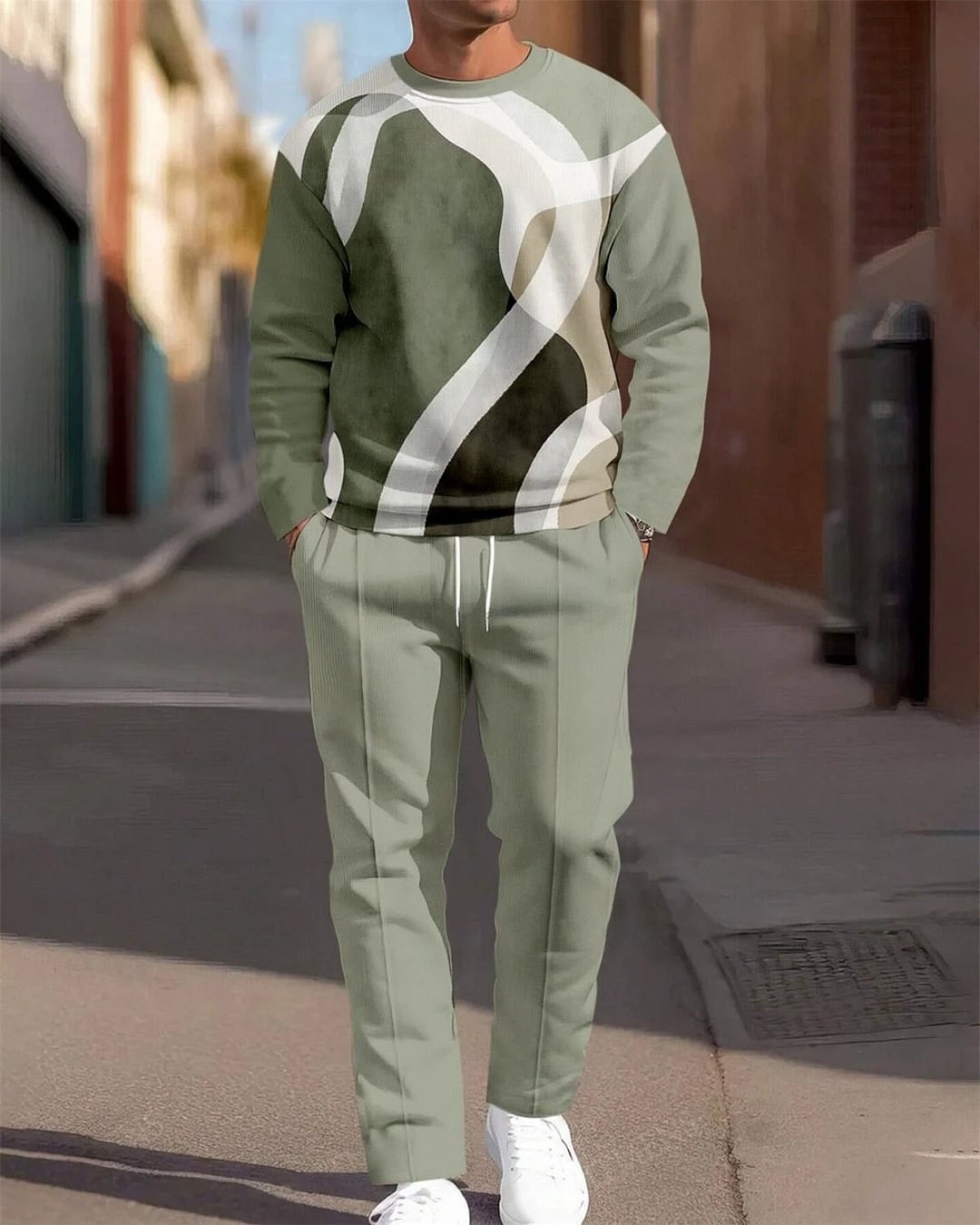 Fashion Line Printing Men's Round Neck Suit