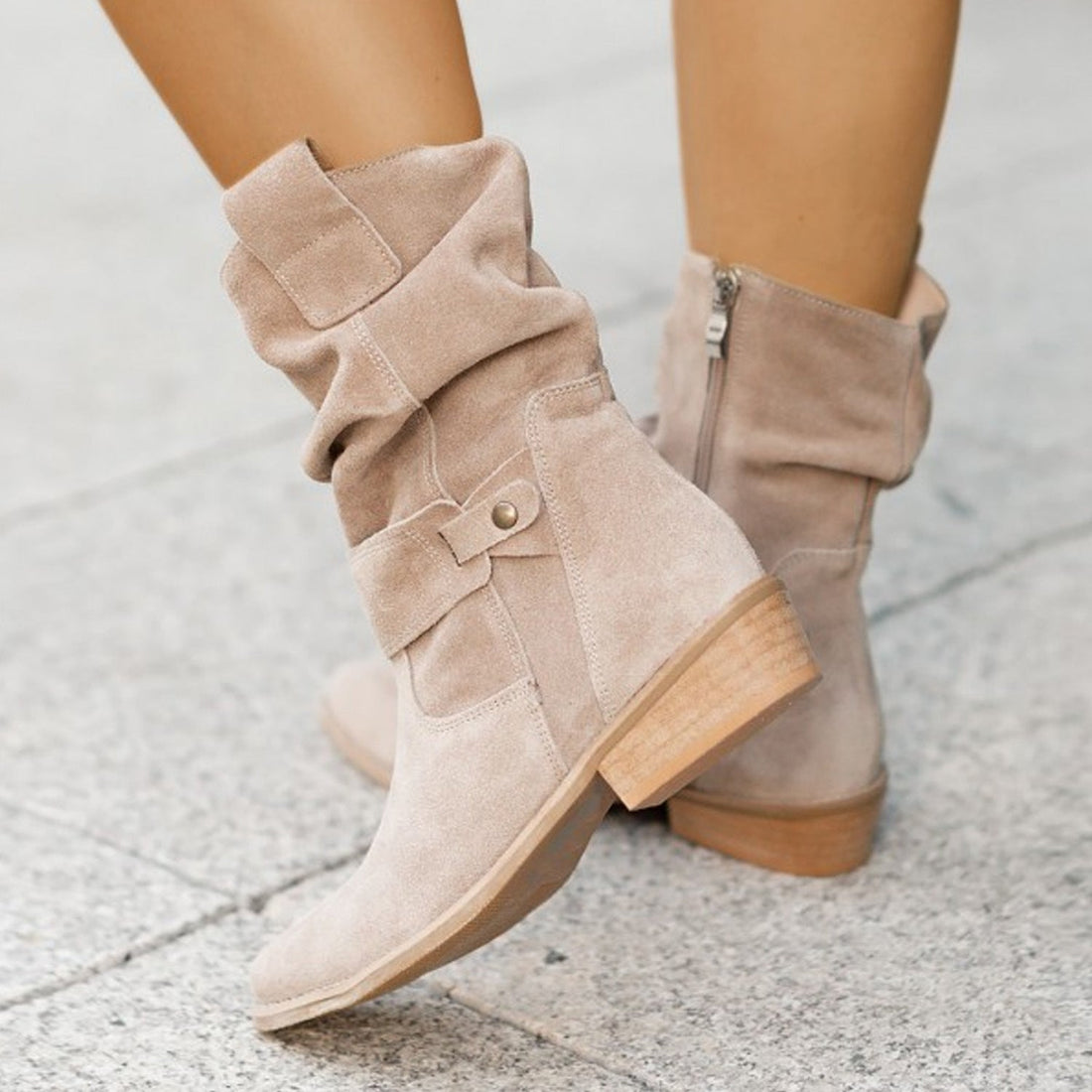 Ins Pointed Toe Mid-calf Boots Fashion Suede Zipper Western Boot Winter Shoes For Women