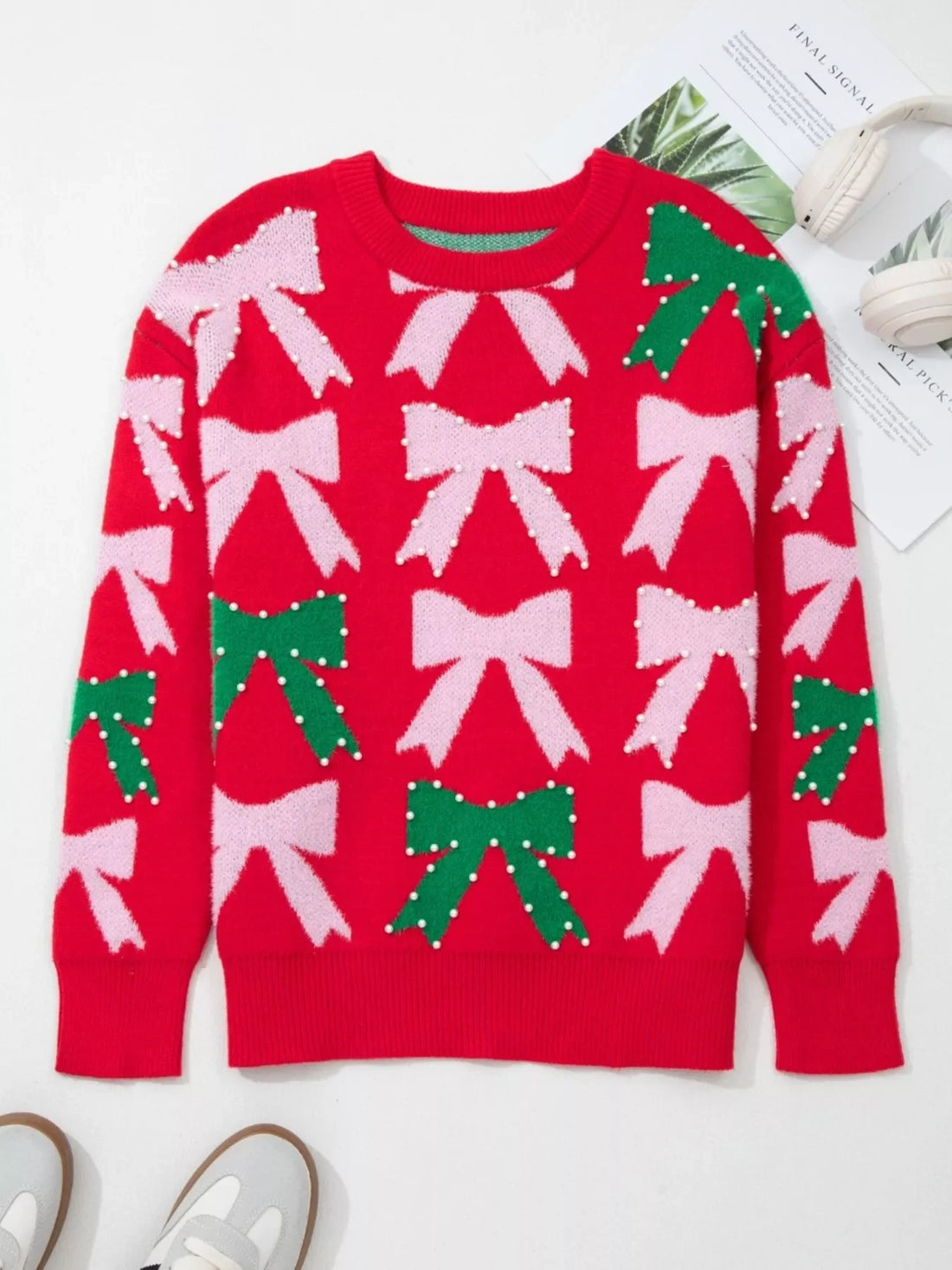 Bow Pearl Embellished Christmas Holiday Sweater