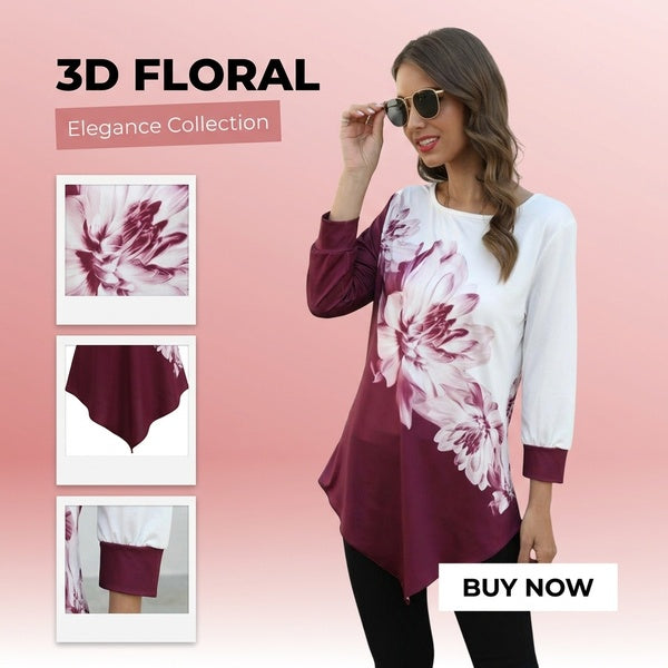 3D Floral Print Women's T-Shirt with Loose Hem