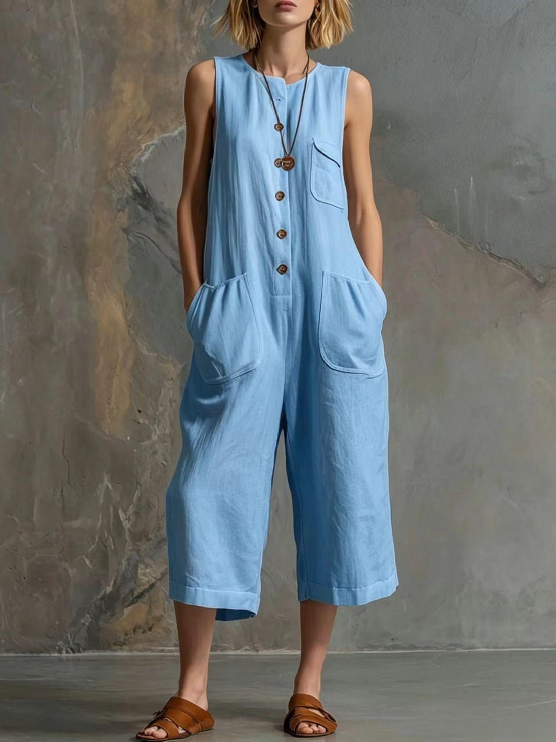 Women's Retro Sleeveless Cotton-Linen Wide-Leg Cropped Jumpsuit