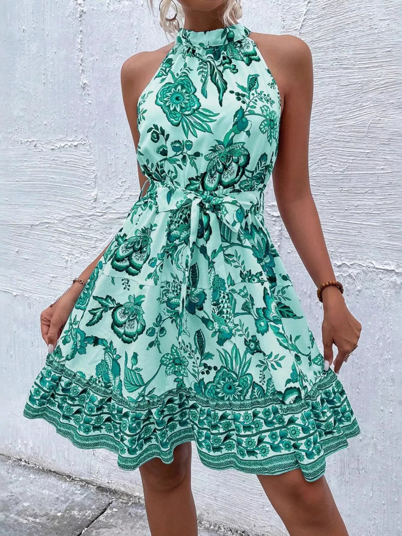 Women's Printed Sleeveless Tie Waist Dress