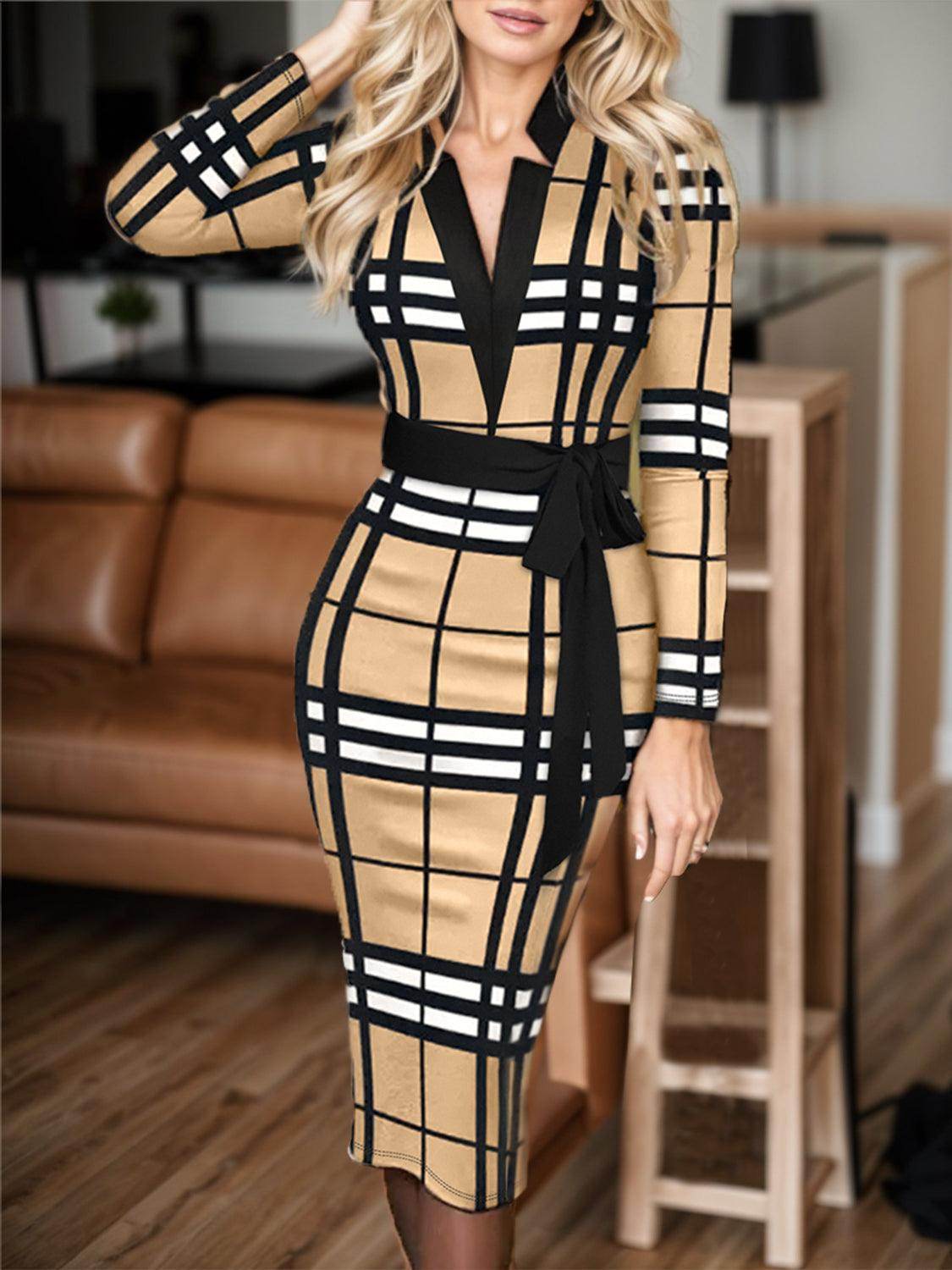 Plus Size Plaid V-Neck Long Sleeve Wrap Dress for Women