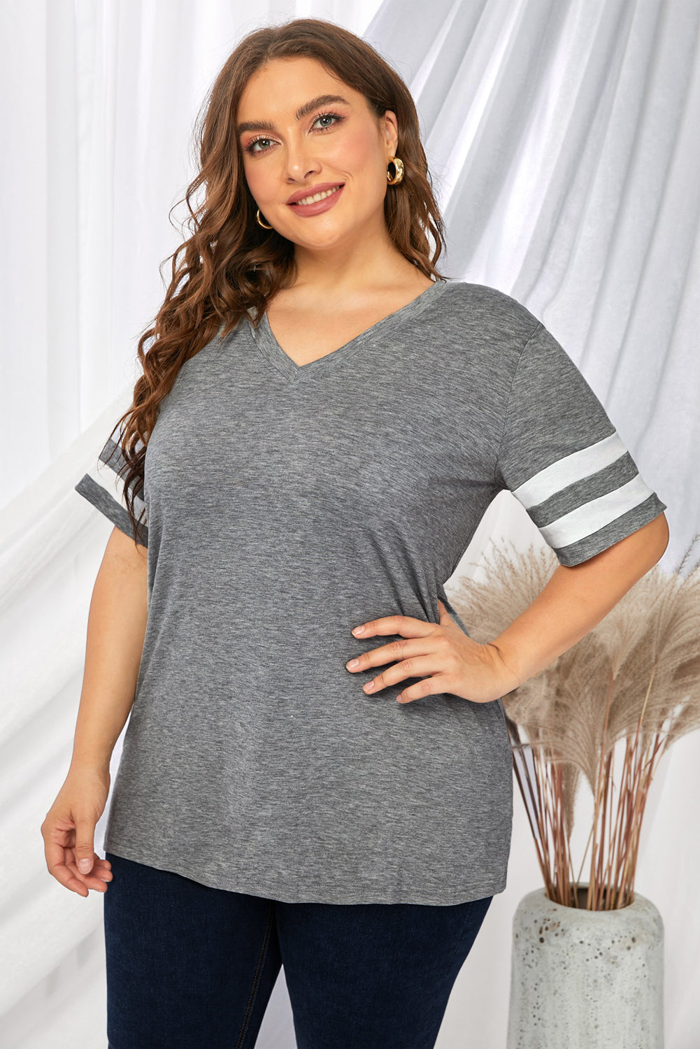 Plus Size Striped V-Neck Tee Shirt See size chart under “more details”
