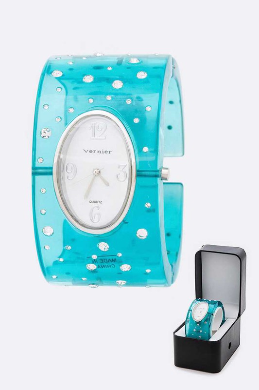Acrylic Bangle Watch with Crystal Accent Stylish Fashion Jewelry Accessory