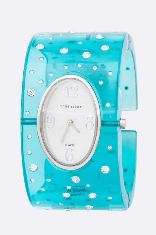 Acrylic Bangle Watch with Crystal Accent Stylish Fashion Jewelry Accessory