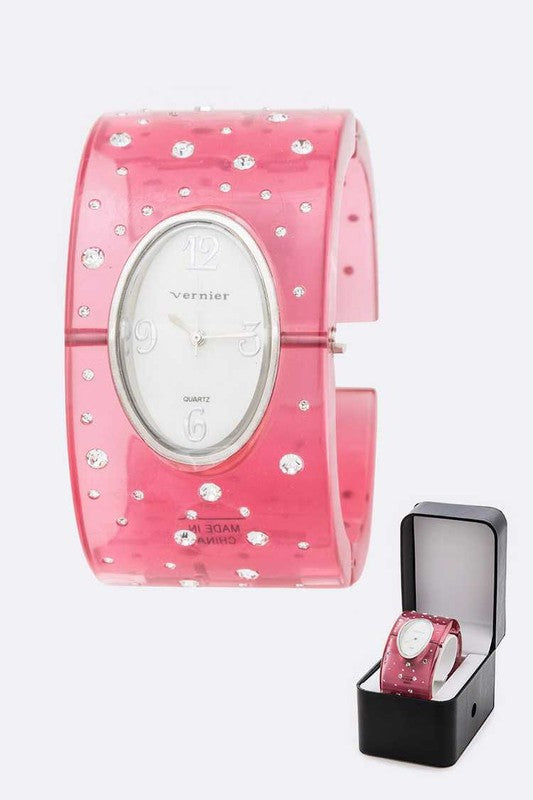 Acrylic Bangle Watch with Crystal Accent Stylish Fashion Jewelry Accessory