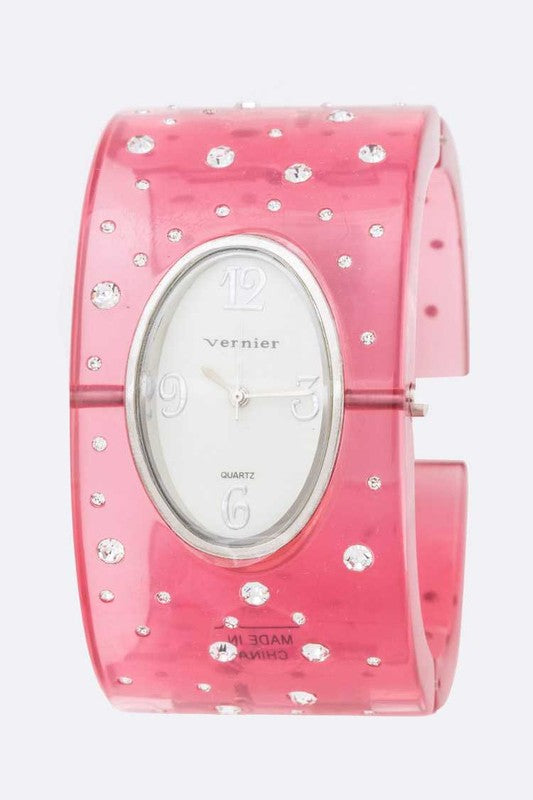 Acrylic Bangle Watch with Crystal Accent Stylish Fashion Jewelry Accessory