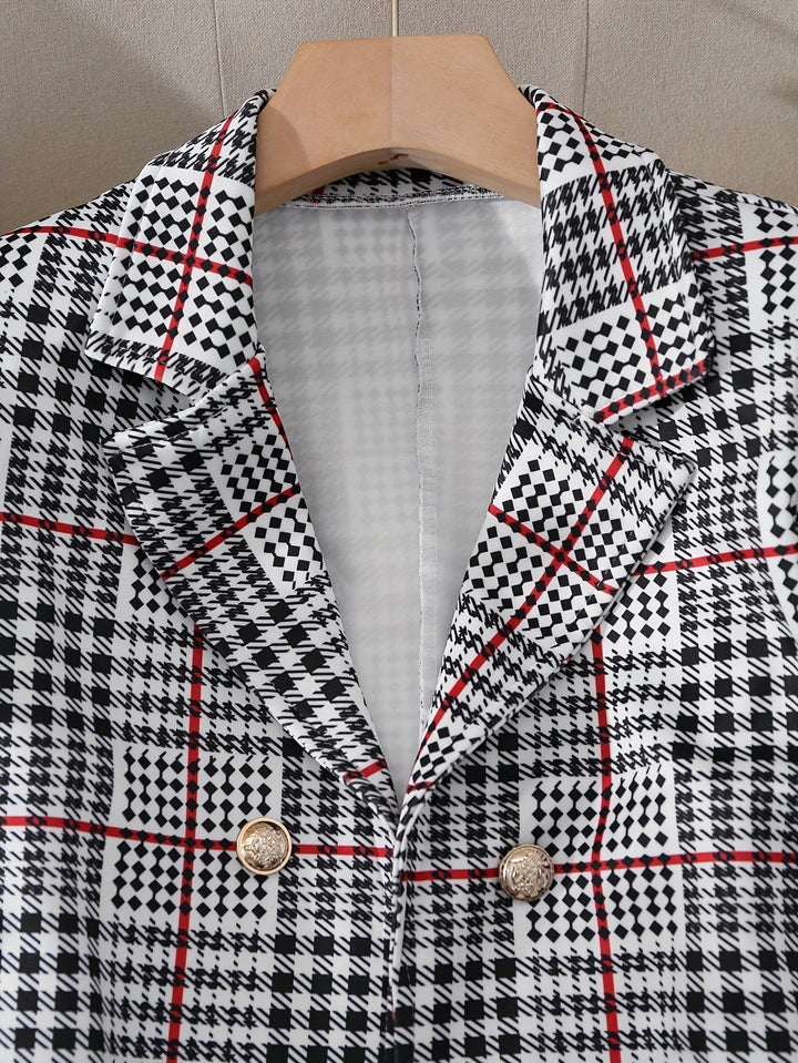 Plus Size Plaid Skirt Suit for Women – Two-Piece Blazer and High Waist Skirt Set