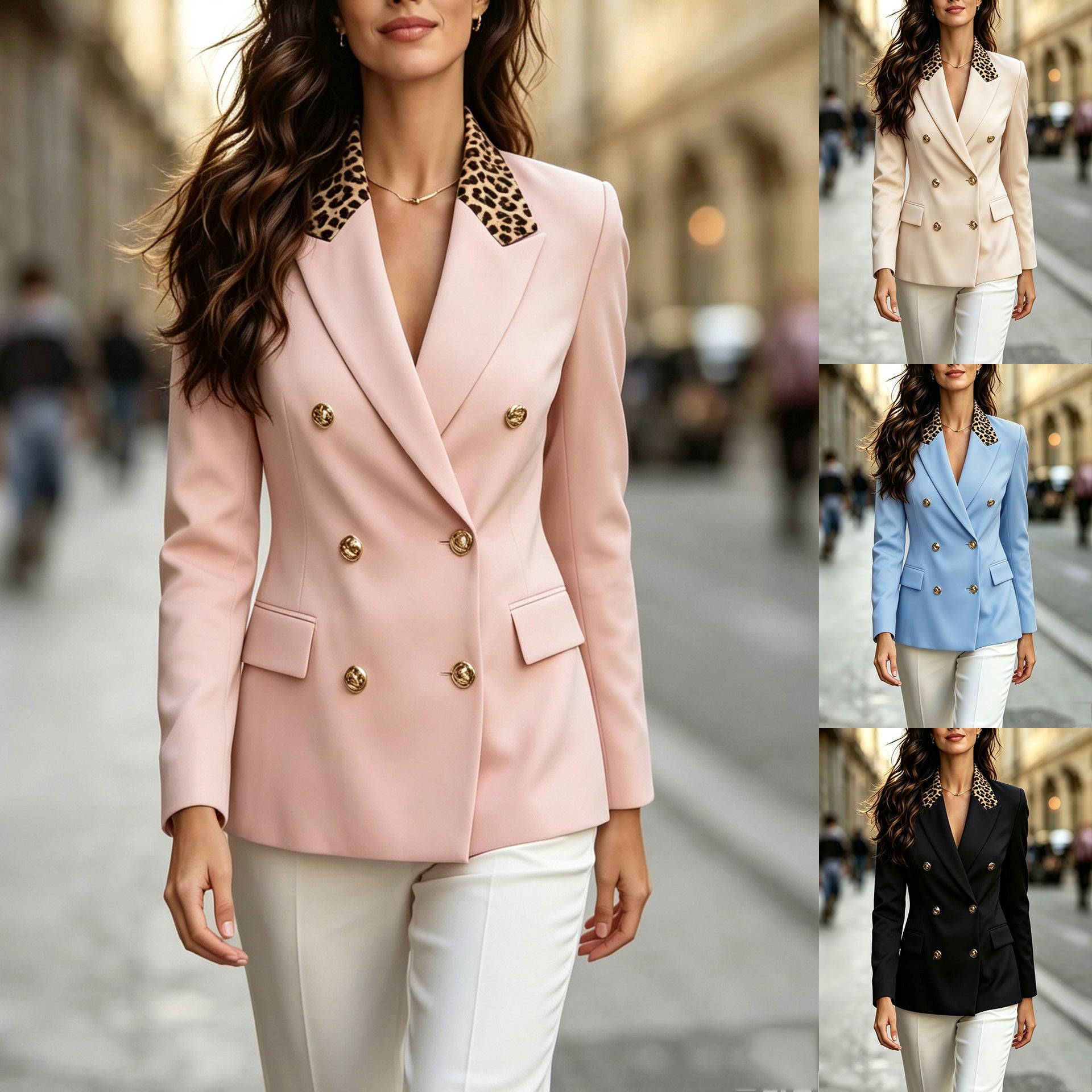 2026 European And American New Leopard Print Lassel Double-breasted Small Suit Jacket Women's Slim-fit Elegant Professional Commuter Suit