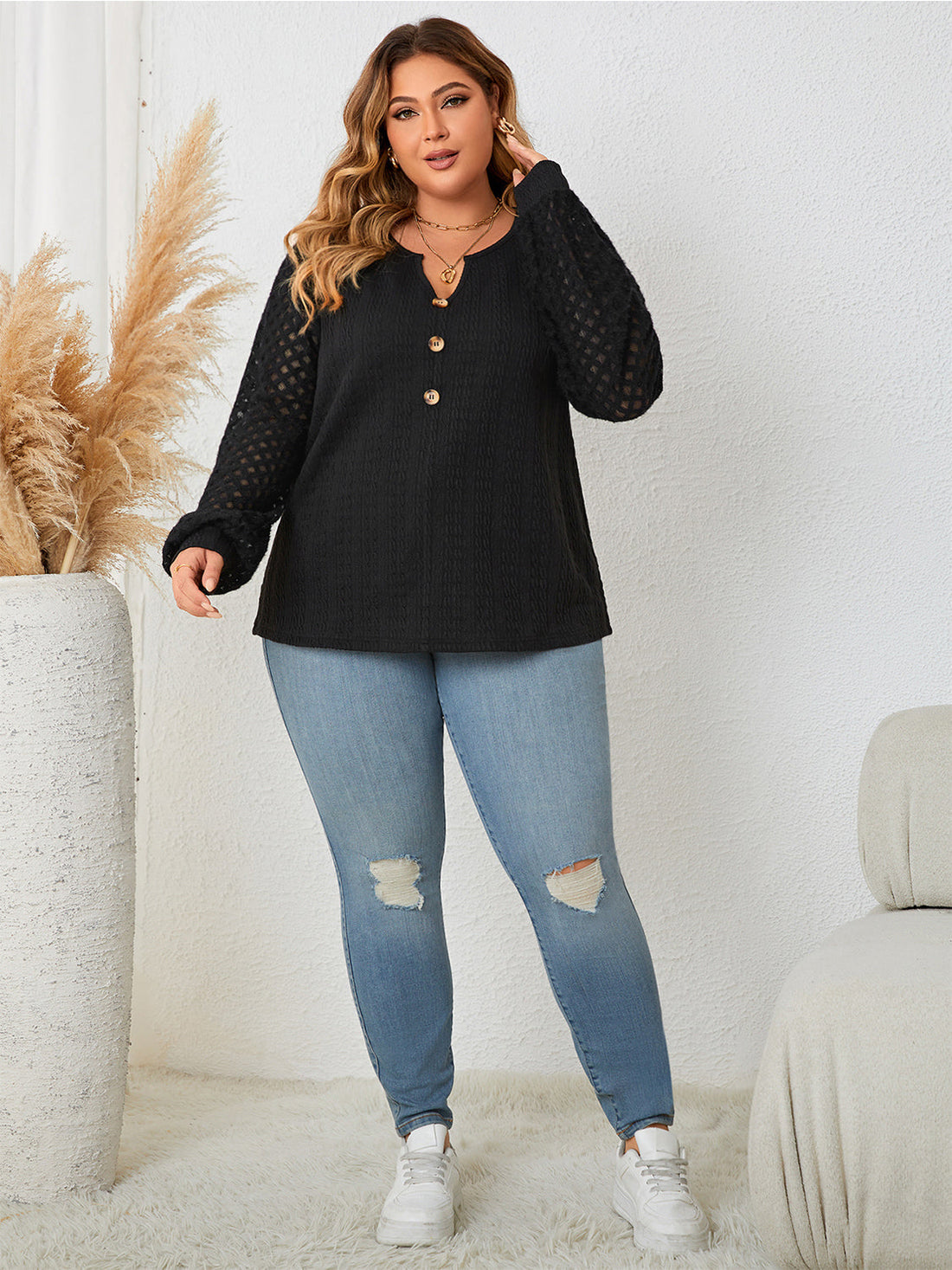 Women's Honey Plus Size Openwork Notched Button Front Blouse