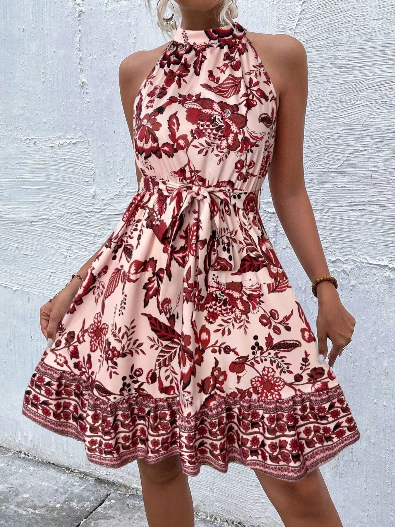 Women's Printed Sleeveless Tie Waist Dress