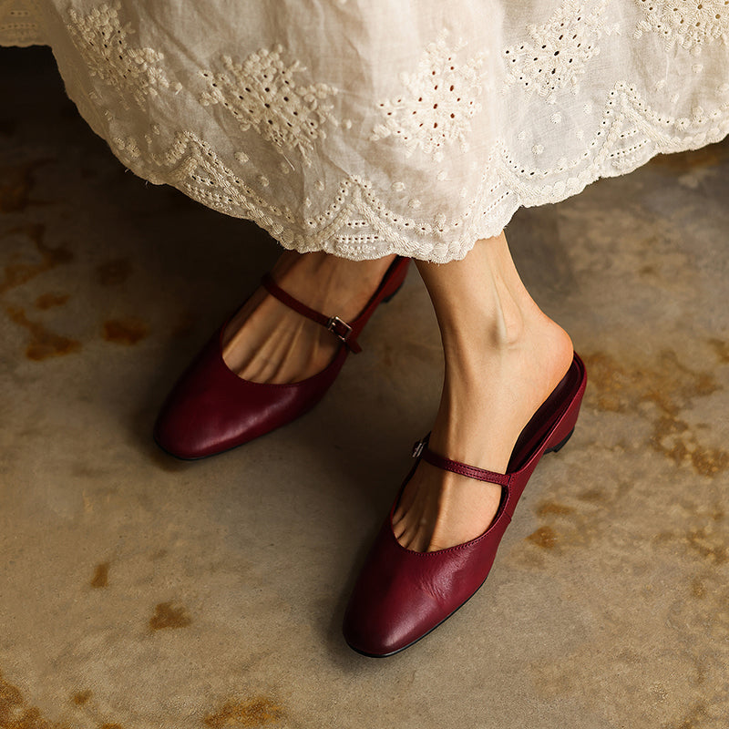 Women's Full Grain Leather Mary Jane Mules | Low Heel Square Toe Slide Sandals