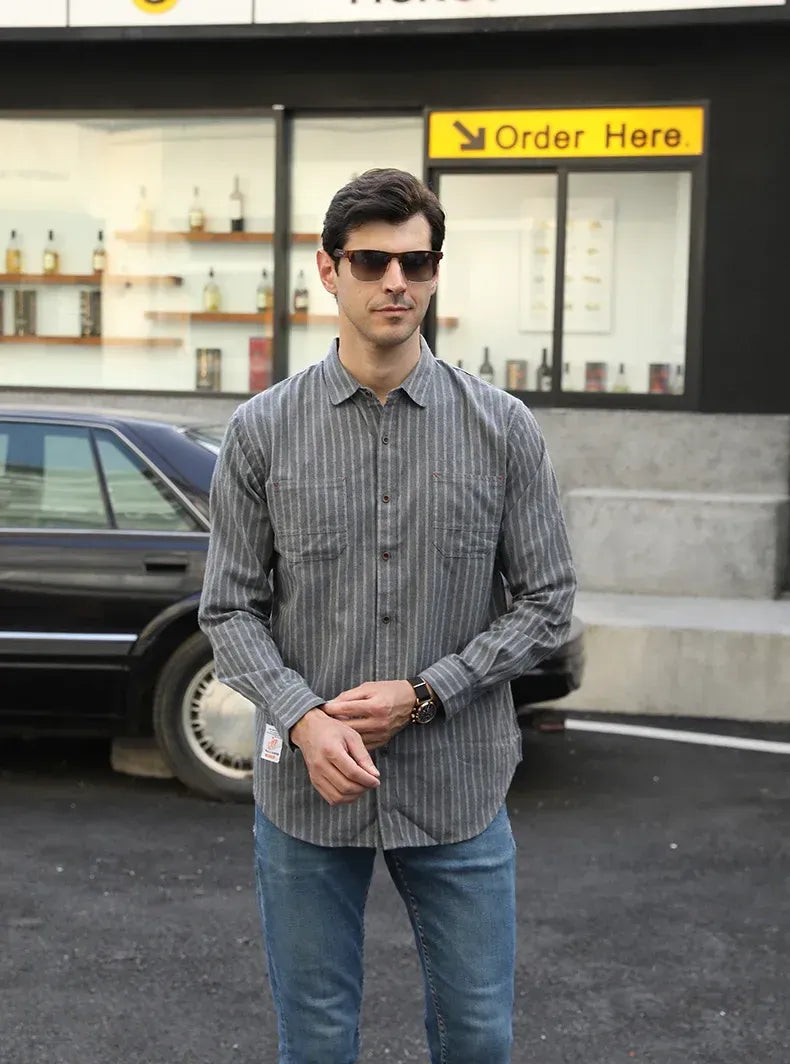 Men's Plus Size Striped Button-Down Long Sleeve Casual Shirt