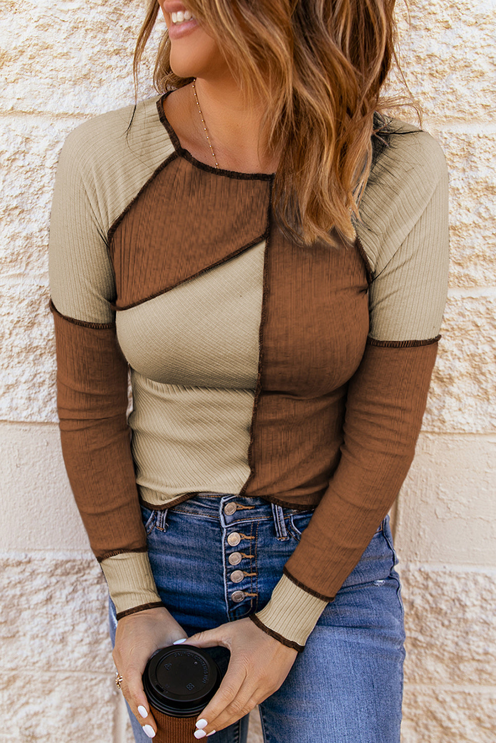 Color Block Exposed Seam Knit Top See size chart under “more details”