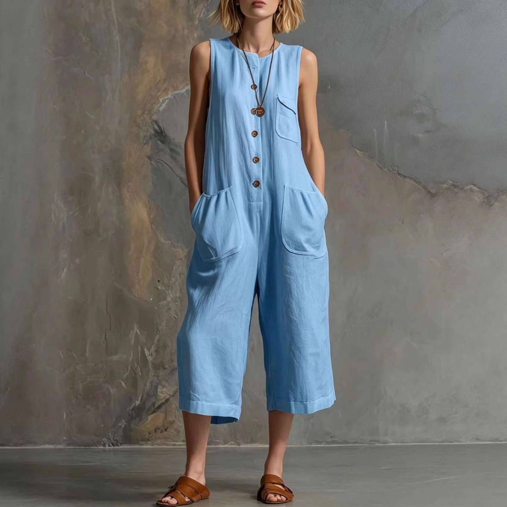 Women's Retro Sleeveless Cotton-Linen Wide-Leg Cropped Jumpsuit