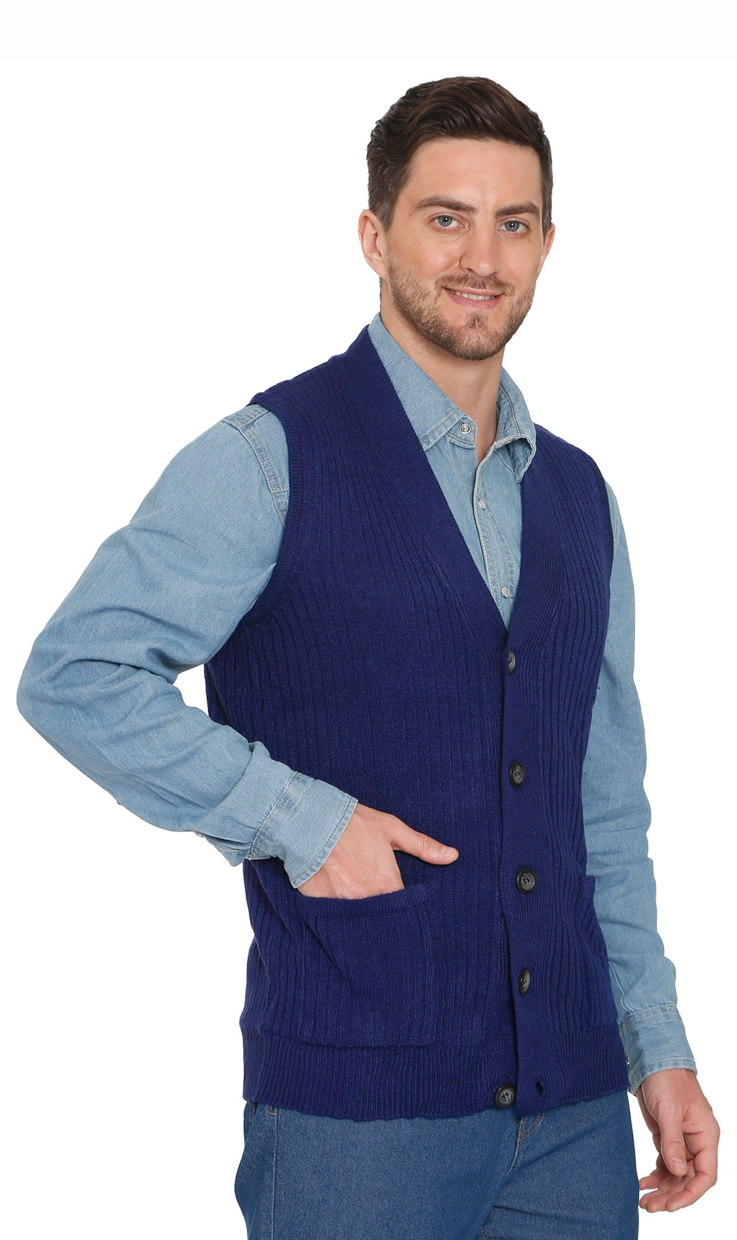 Men's Button Front Rib Knit Sweater Vest with Pockets — Relaxed Fit