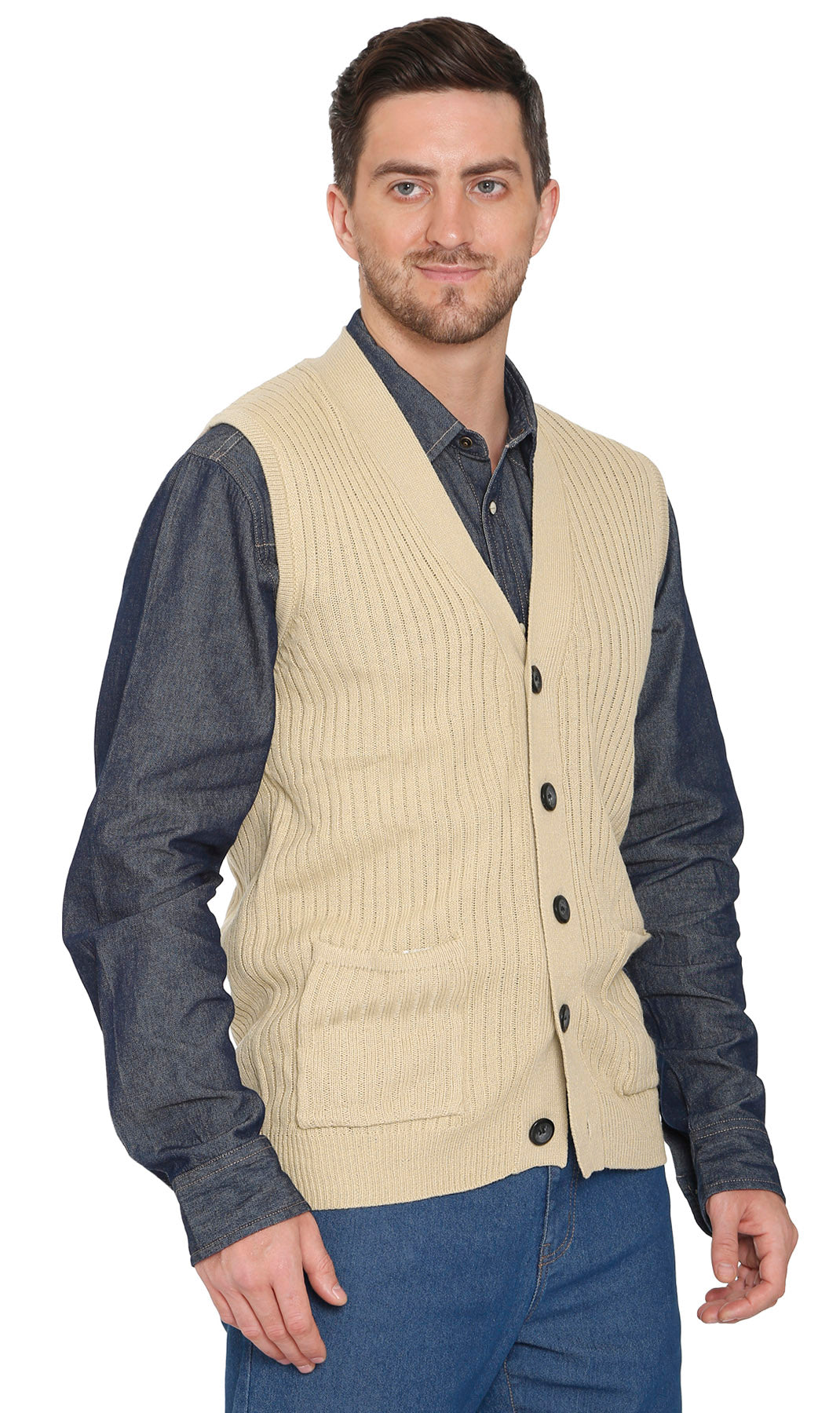 Men's Button Front Rib Knit Sweater Vest with Pockets — Relaxed Fit
