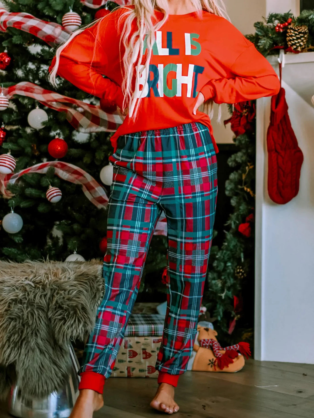 ALL IS BRIGHT Graphic Christmas Plaid Pajamas Set