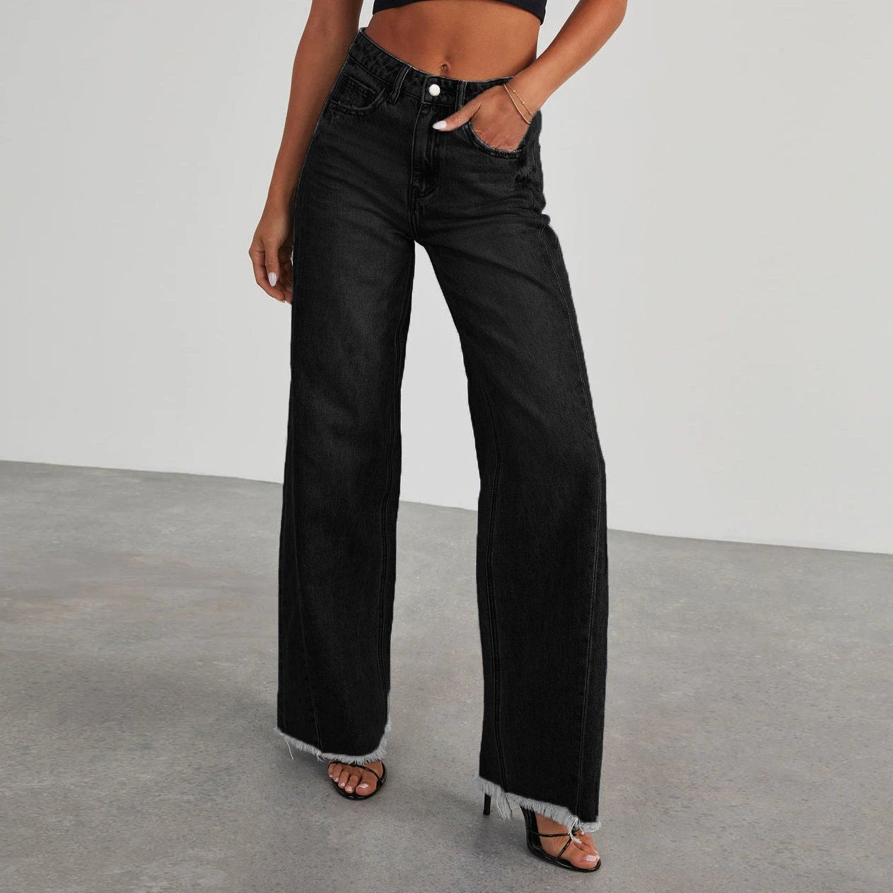 Mandotos Fashion High Waist Jeans With Pockets Slim Fit Straight Wide Leg Denim Pants