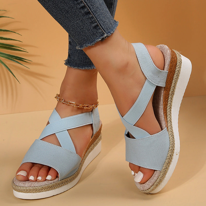 Wedge Sandals Cross-Strap Platform Gladiator Hemp Heel Shoes