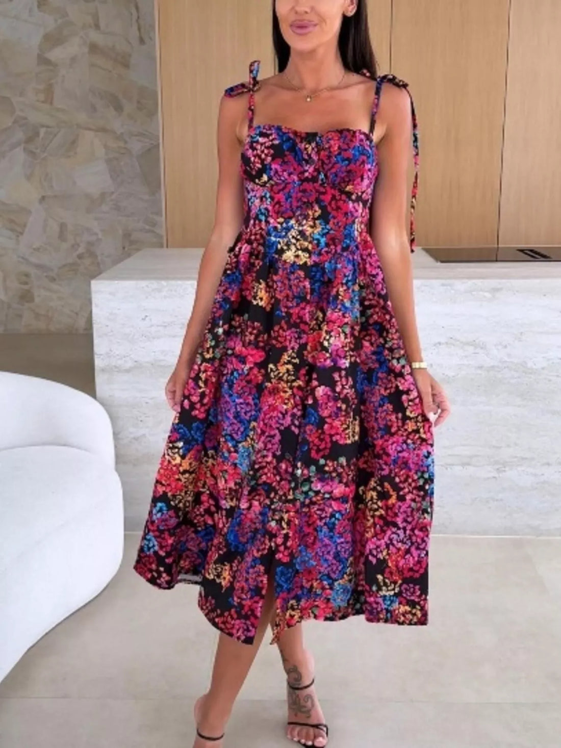 Women's Printed Tie-Strap Midi Dress
