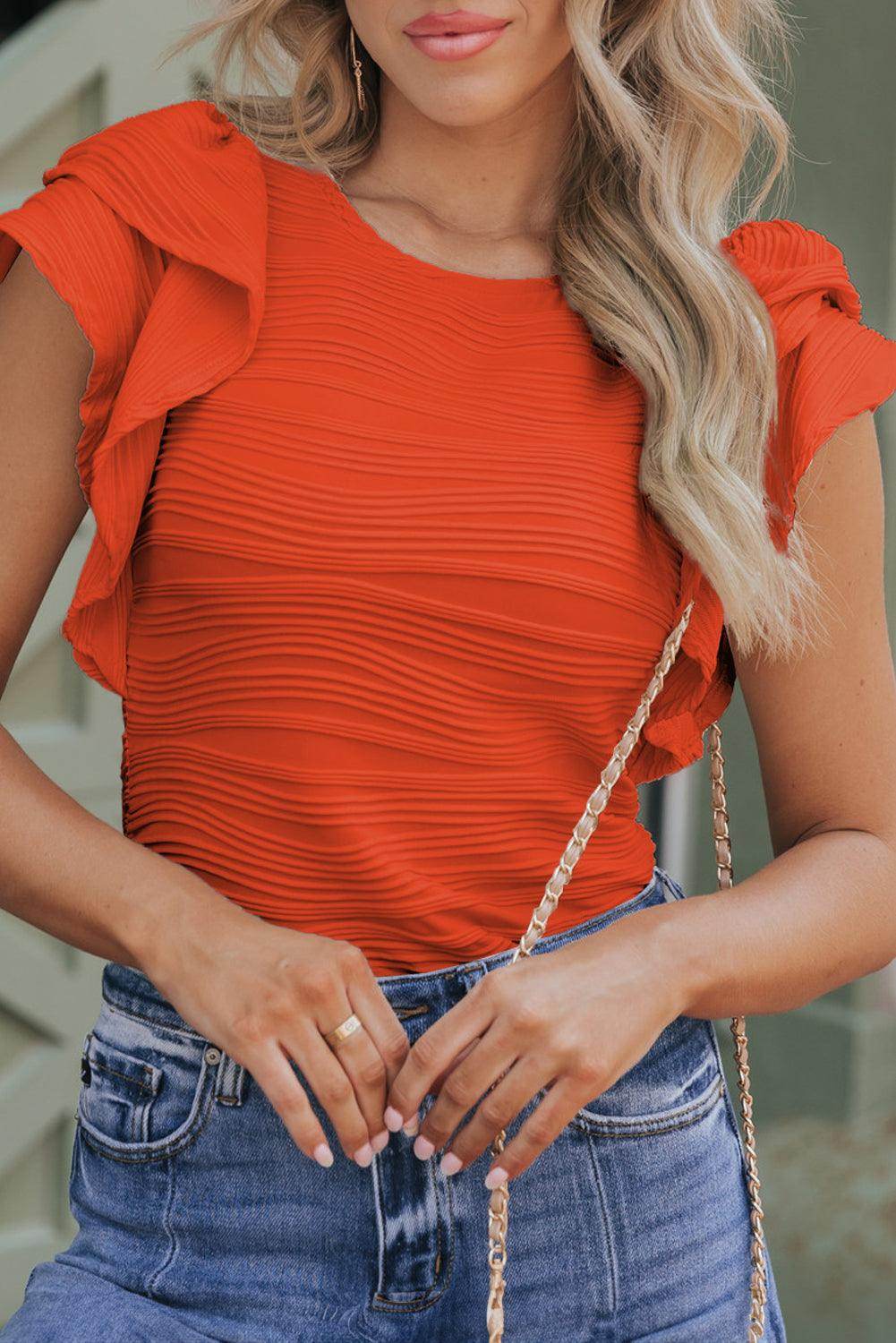 Textured Round Neck Cap Sleeve Top for Casual Style
