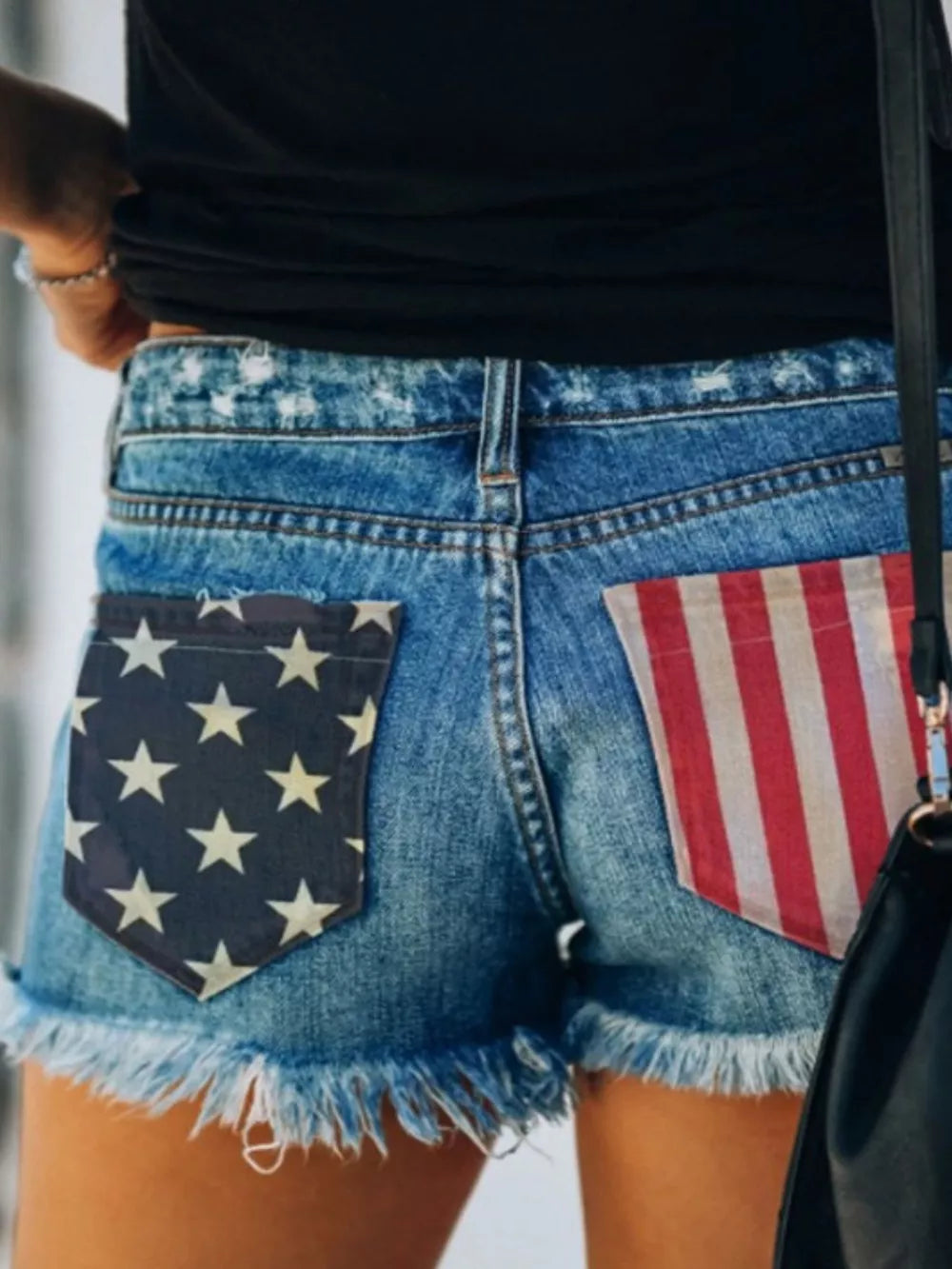 US Flag Distressed Denim Shorts with Frayed Hem