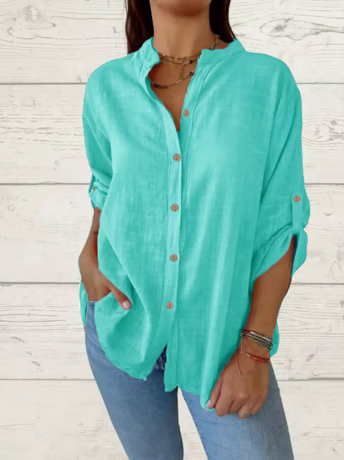 Women's Full Size Casual Button-Down Roll-Up Sleeve Shirt Plus Size