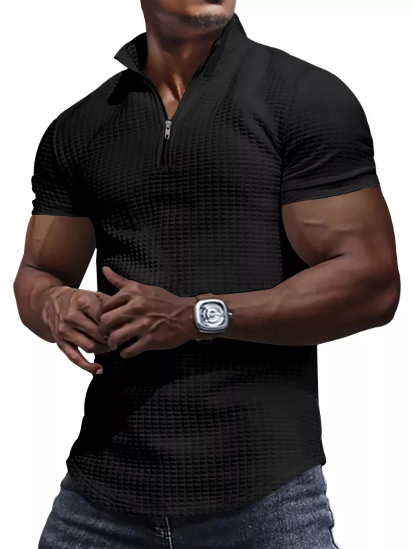 Men's Full Size Textured Short Sleeve Zipper Polo Plus Size