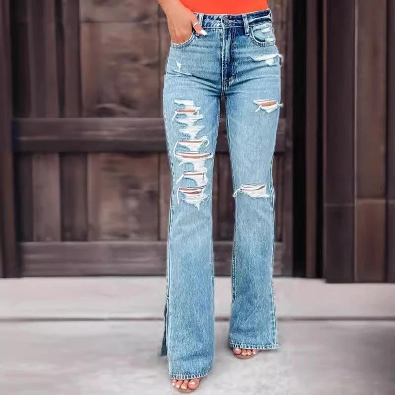 Ladies Jeans High Waist Ripped Slightly Stretch Split Trousers