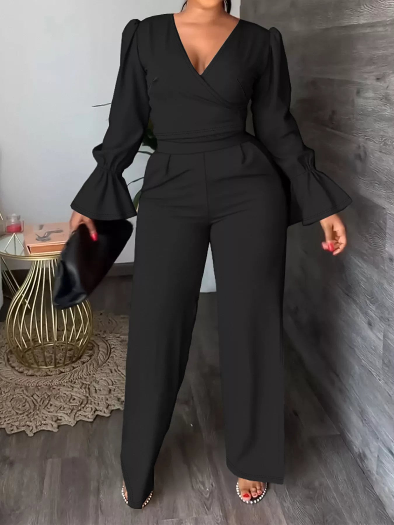 Women's Plus Size Flounce Sleeve Top and Pants Set