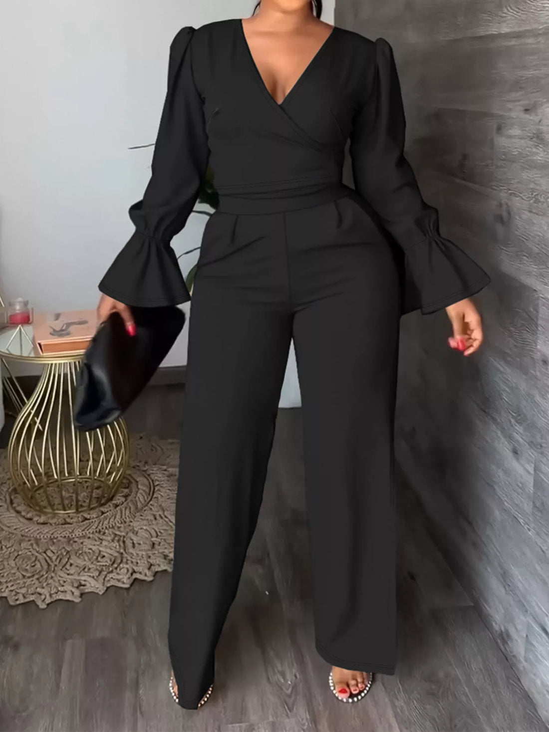Women's Plus Size Flounce Sleeve Top and Pants Set