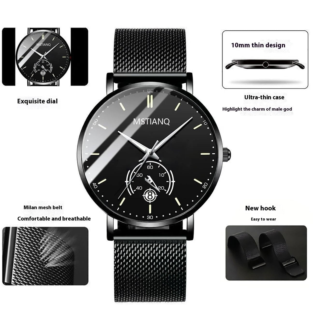 Stylish Black Technology Belt Refined Steel Casual Calendar Watch