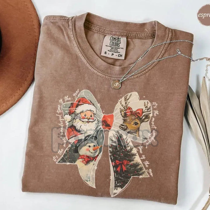 Comfort Colors® Cozy Women's Christmas T-Shirt – Nostalgic Holiday Bow Tee, Eco-Friendly Santa Reindeer Shirt, Vintage Winter Blue Jean