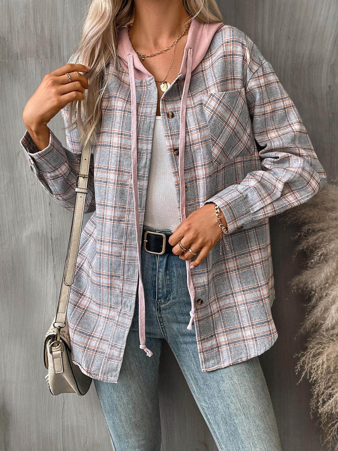 Plaid Long Sleeve Hooded Jacket for Women with Pockets