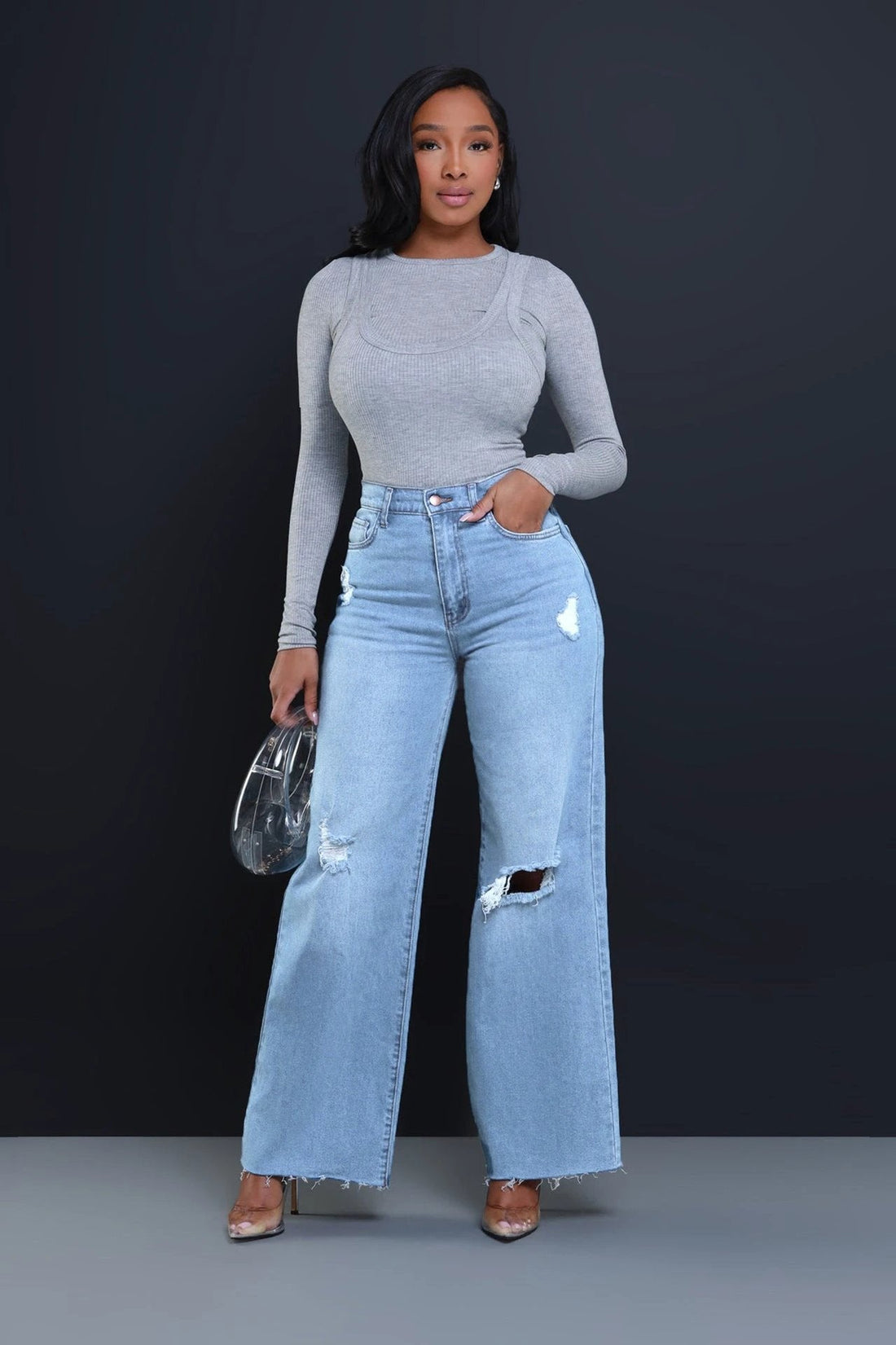 Women's Ripped High Waist Loose Straight Wide Leg Jeans
