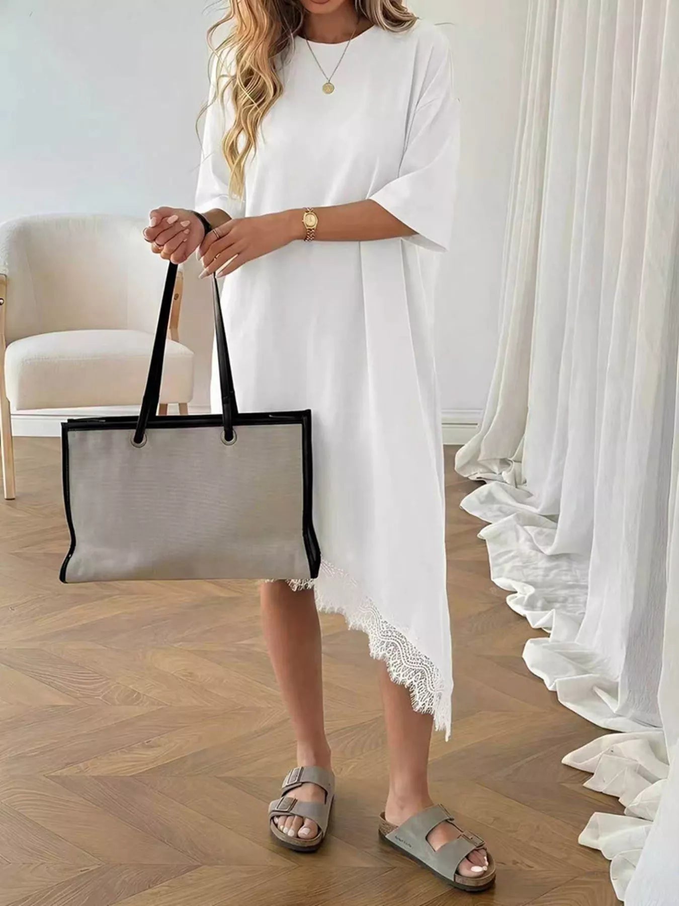 Women's Lace Trim Asymmetrical Hem T-shirt Dress