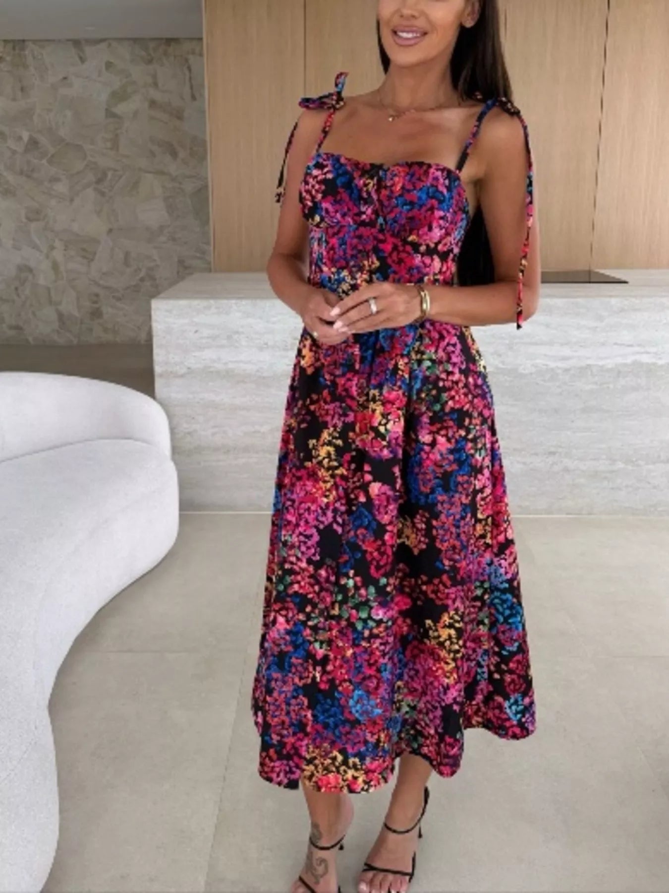 Women's Printed Tie-Strap Midi Dress