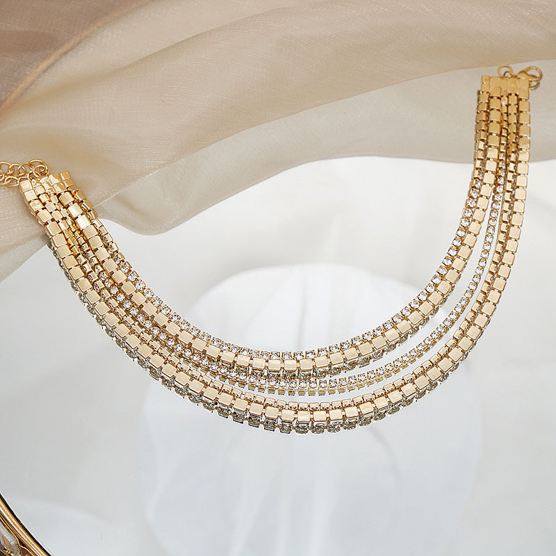European And American Simple And Fashionable Neck Chain Claw Chain Inlaid With Diamond Rhinestone Multilayer Clavicle Chain