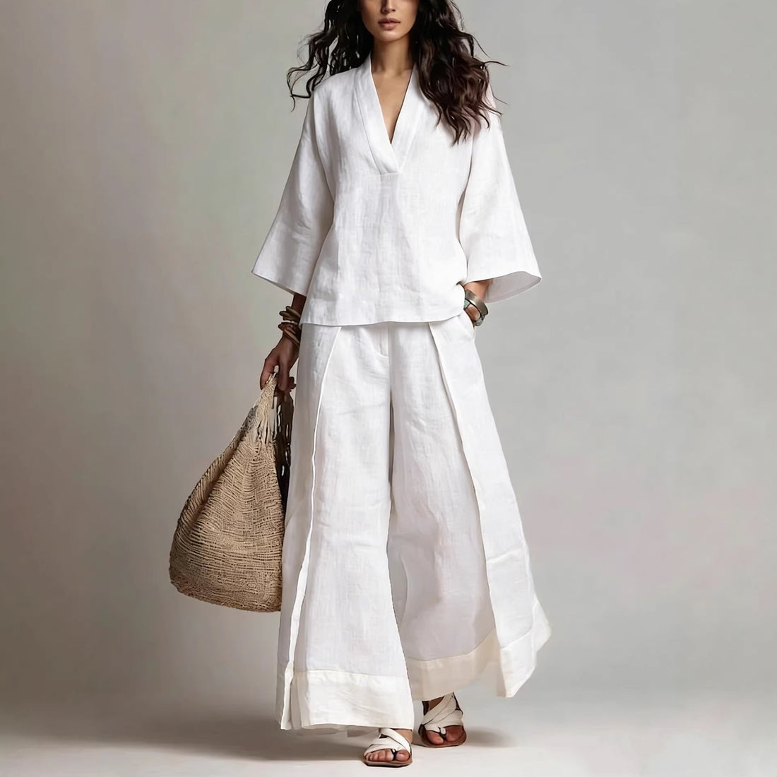 Women's Cotton-Linen V-Neck 3/4 Sleeve Shirt & Wide-Leg Pants Set