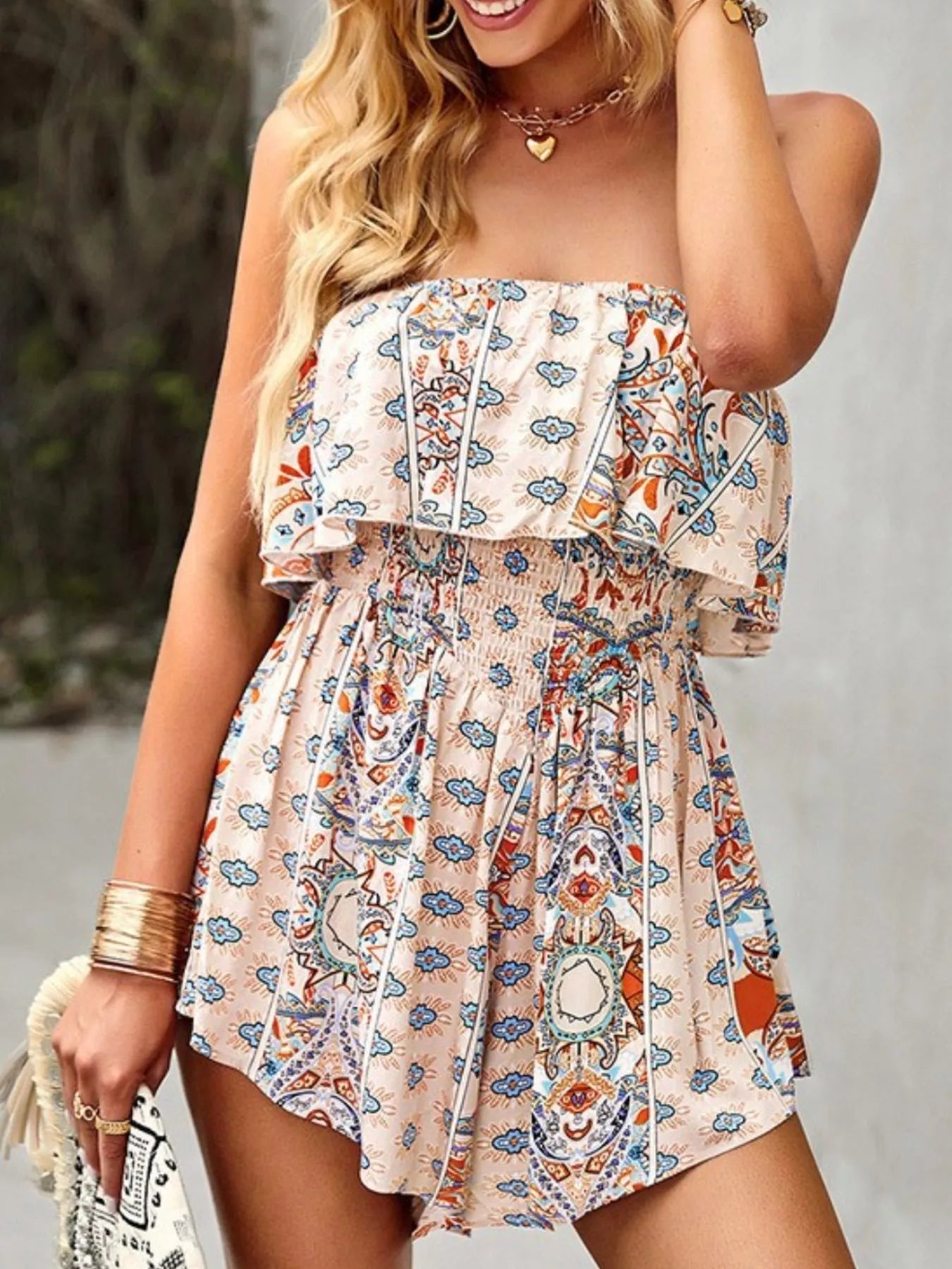 Women's Printed Tube Smocked Waist Romper