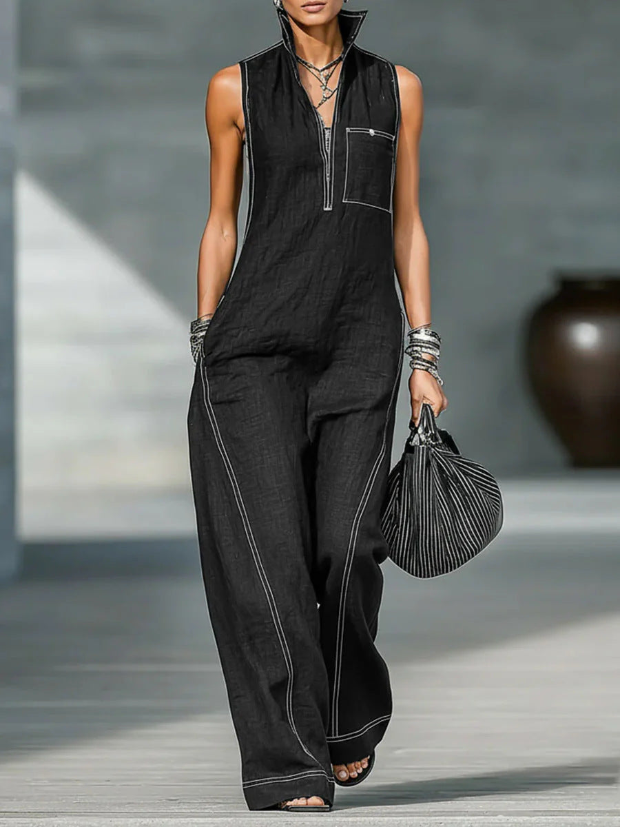 Women's Stand-up Collar Jumpsuit With Pockets Summer Fashion Casual Sleeveless Jumpsuit Trousers Women's Clothing