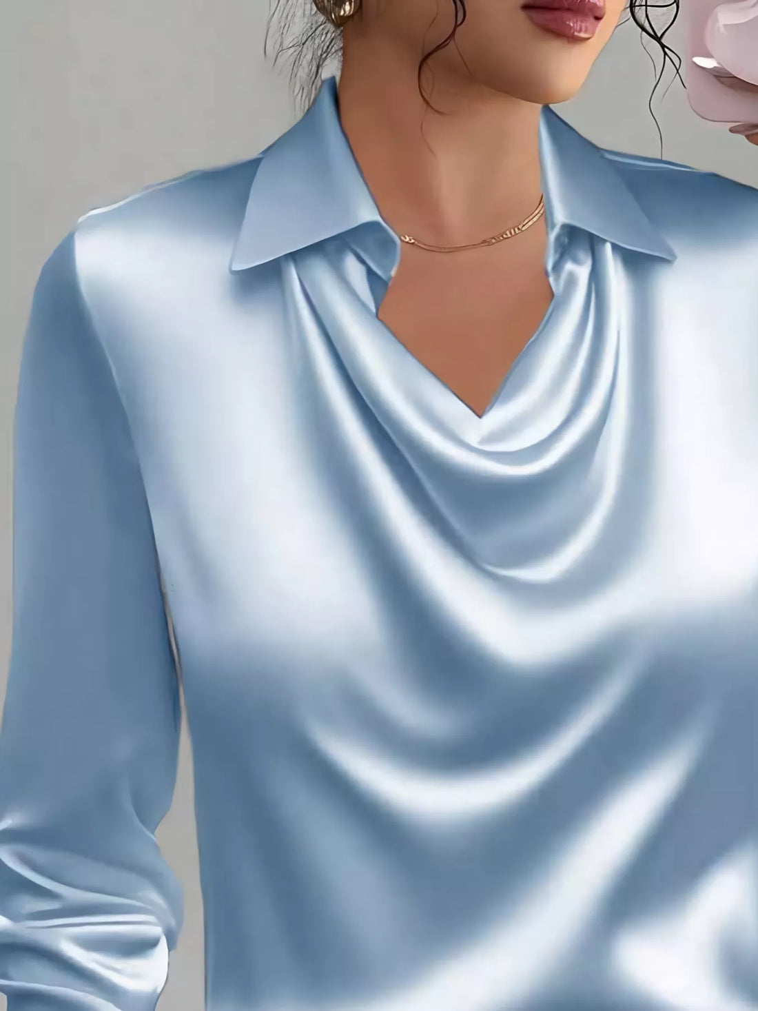 Satin Collared Neck Long Sleeve Blouse See size chart under “more details”