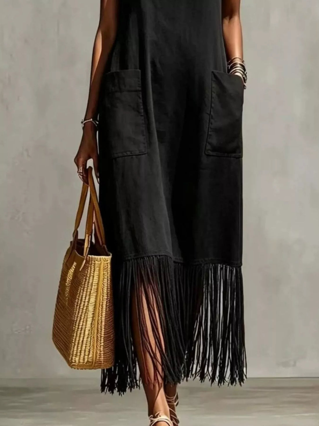 Women's Full Size Fringe V-Neck Spaghetti Strap Dress Plus Size