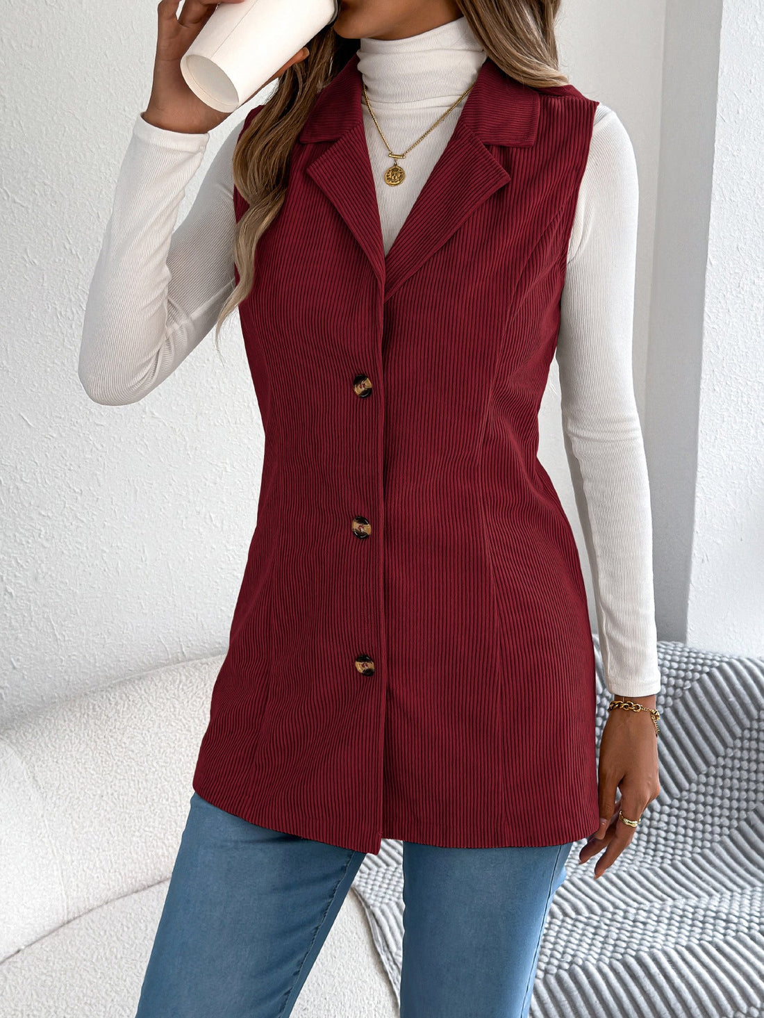 Women's European And American Casual Single-breasted Suit-collar Corduroy Waistcoat Jacket