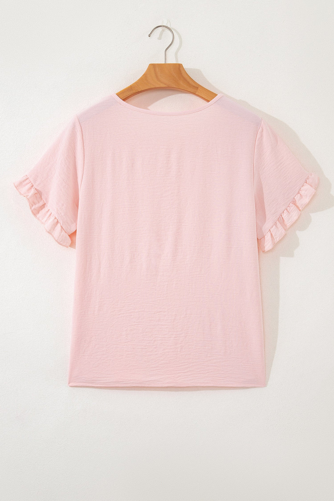 Light Pink Solid Color Ruffle Trim Short Sleeve Blouse